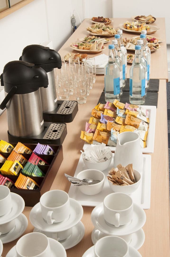 refreshments and an assortment of food platters